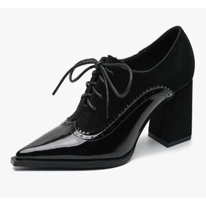 Black Suede Patent Leather Victorian Lace Up Pointed Toe Block Heel Oxfords 7.5